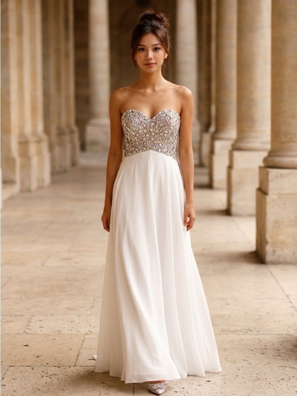 2158 - Strapless White Evening Gown with Silver Crystal Bodice